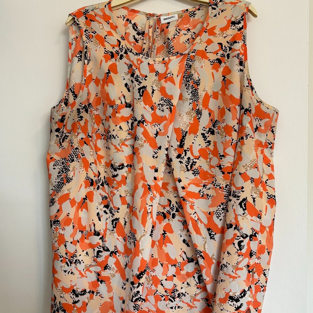 DKNYC Orange Cream and Black Printed Sleeveless Blouse